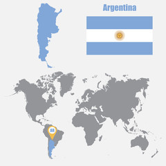 Argentina map on a world map with flag and map pointer. Vector illustration