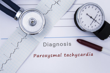 Paper medical release form with diagnosis of Paroxysmal tachycardia from category Cardiac arrhythmia diseases with ECG and stethoscope. Medical report of cardiologist or doctor of internal medicine