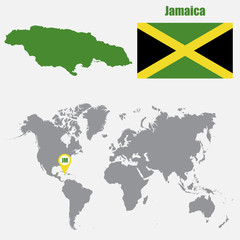 Jamaica map on a world map with flag and map pointer. Vector illustration