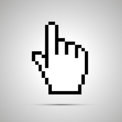 Pixelated computer cursor in hand shape, simple icon with shadow