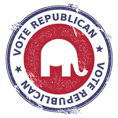 Grunge republican elephants rubber stamp. USA presidential election patriotic seal with republican elephants silhouette and Vote Republican text. Rubber stamp vector illustration.