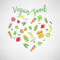 set of the vegan food icons. Vegetables and fruits. Thin line icons. Hand drawn typography