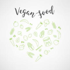set of the vegan food icons. Vegetables and fruits. Thin line icons. Hand drawn typography
