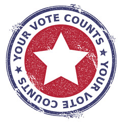 Grunge US patriotic stars rubber stamp. USA presidential election patriotic seal with US patriotic stars silhouette and Your Vote Counts text. Rubber stamp vector illustration.