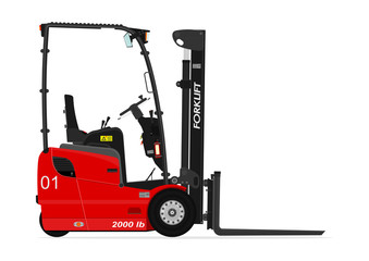 Red three wheel electric counterbalance forklift without an operator on a white background. Flat vector - obrazy, fototapety, plakaty