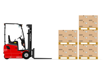 Red three wheel electric counterbalance forklift without an operator on a white background. Flat vector
