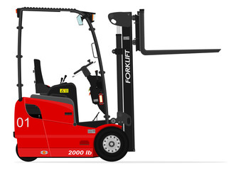 Red three wheel electric counterbalance forklift without an operator on a white background. Flat vector