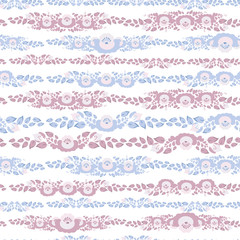 Vintage shabby Chic Seamless pattern with flowers and leaves blue pink flowers on white background. Vector