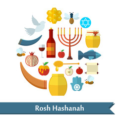 Rosh Hashanah, Shana Tova flat vector icons set