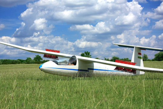 White glider plane on grass