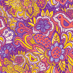 Fototapeta na wymiar Doodle seamless pattern with flowers and birds. purple yellow pink bright ornament. Vector