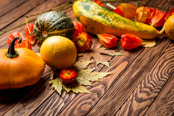 Autumn background on wooden boards. Selective focus. Space for text.