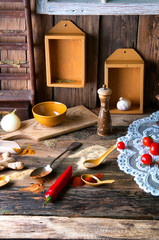 Colorful aromatic spices in old rustic kitchen
