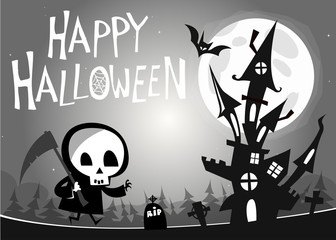 Death with a scythe and haunted house on night background. Vector  illustration. Black and white