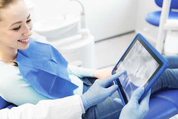 dentist with teeth x-ray on tablet pc and woman