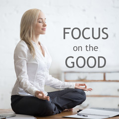 Business and healthy lifestyle concept. Portrait of young office woman sitting cross-legged in...