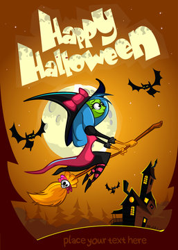 Cute witch flying on her broom. Vector Halloween party invitation