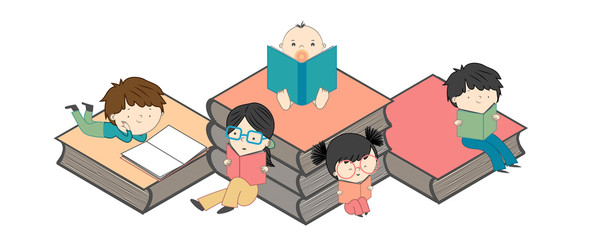Stairs of books with many children reading web banner