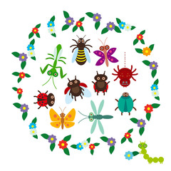 Funny insects Spider butterfly dragonfly mantis beetle wasp ladybugs on white background. Vector