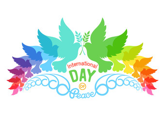 Obraz premium Colorful abstract silhouettes of doves with olive brunch. Illustration of international peace day, September 21. Element design for poster, greeting card. Isolated on white background.