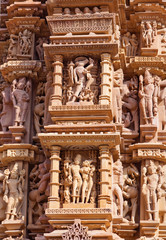 Bas-relief at famous ancient temple in Khajuraho, India