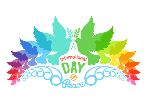 Colorful abstract silhouettes of doves with olive brunch. Illustration of international peace day, September 21. Element design for poster, greeting card. Isolated on white background.
