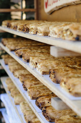 Racks full of traditional strudel in a bakery