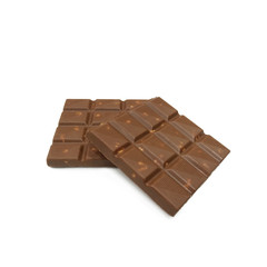 chocolate bars with almonds nuts lying on white background