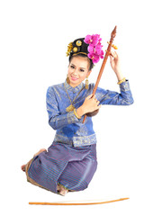 Portrait beautiful Thai woman in tradition dancing costume and tradition Thai string instrument.