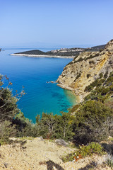 Fototapeta na wymiar Amazing panorama with blue waters in Thassos island, East Macedonia and Thrace, Greece 