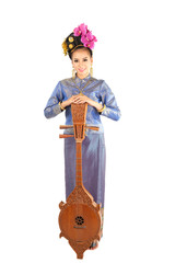 Portrait beautiful Thai woman in tradition dancing costume and tradition Thai string instrument.