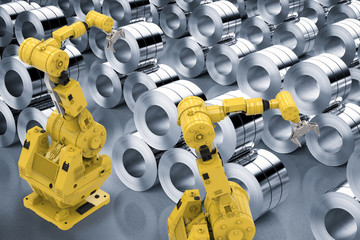 robotic arms with roll of steel sheets