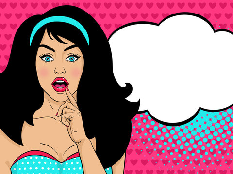 Wow pop art female face. Sexy surprised girl with long black hair, open mouth and speech bubble. Vector colorful background in pop art retro comic style.