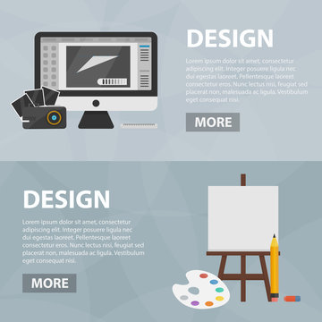 Vector flat banners of graphic web design and art for website. Business concept of creative process and design market. Set of isolated drawing equipment.