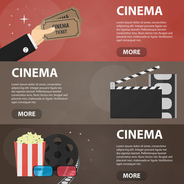 Vector flat horizontal banners of cinema for website. Business concept of movie, filming and theater. Set of isolated cinema elements in flat design.