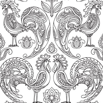 Vector seamless pattern with roosters and flowers.