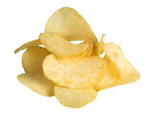 Potato chips handful isolated on white background.