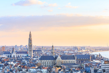 Fototapeta na wymiar View over Antwerp with cathedral of our lady taken
