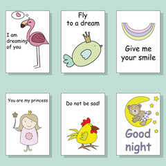 Light pink blue collection for banners, Flayers, Placards with flamingos, princess, bird, bear, rainbow, rooster.