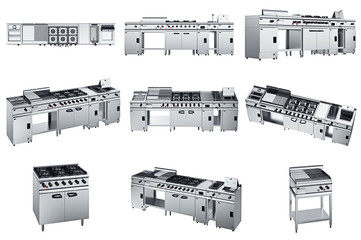 Kitchen equipment steel set chrome for cooking. 3D graphic