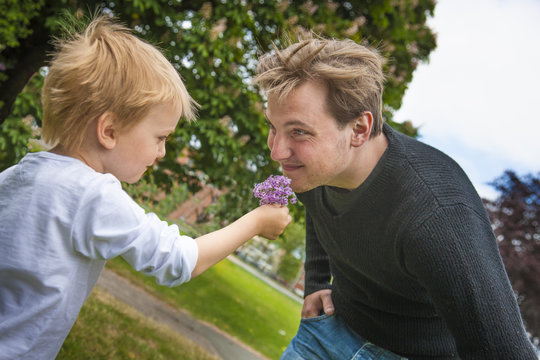 Boy giving father flower to smell, Skane, Sweden