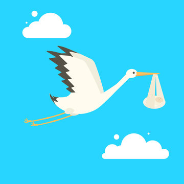 Stork Delivering Baby Cartoon Vector Illustration