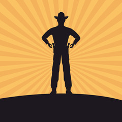 Cowboy silhouette man gun revolver pop art comic cartoon icon. Colorful design striped background. Vector illustration