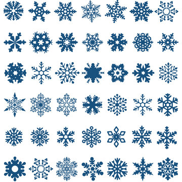 Set of blue vector snowflakes on a white background
