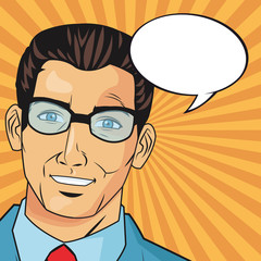 businessman glasses bubble man male suit cartoon pop art comic retro icon. Colorful and striped design. Vector illustration