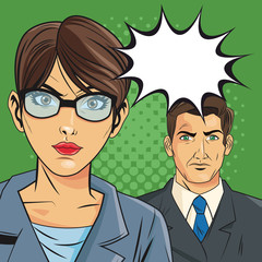 woman man male female glasses bubble suit cartoon pop art comic retro communication icon. Colorful and pointed design. Vector illustration