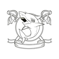 shark sword ribbon cartoon pirate tattoo marine nautical icon. Black white isolated design. Vector illustration
