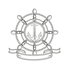 rudder anchor ribbon cartoon pirate tattoo marine nautical icon. Black white isolated design. Vector illustration