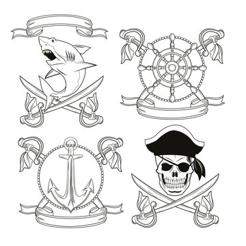 skull sword shark anchor rudder ribbon cartoon pirate tattoo marine nautical icon. Black white isolated design. Vector illustration