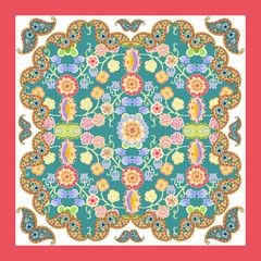 Ethnic floral bandana print. Silk neck scarf with flowers and paisley. Kerchief square pattern design style for print on fabric. Vector illustration.